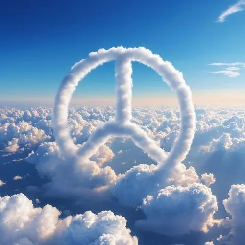 Create An image of the day sky, the clouds are formed into a victory sign, they are light and fluffy, with a hint of color. Text in the sky above the clouds,peace symbols,peace sign,peace,chemtrails,c