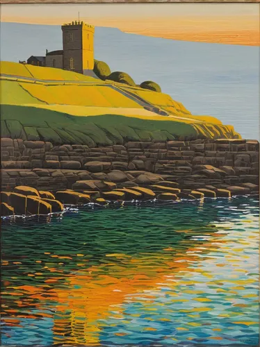 Lot 82 - Lizzie BLACK Mousehole Morning Oil on canvas...,northumberland,bamburgh,isle of may,perranporth,cornwall,sceleton coast,coastal landscape,donegal,aberdeen,olle gill,botallack mine,travel post