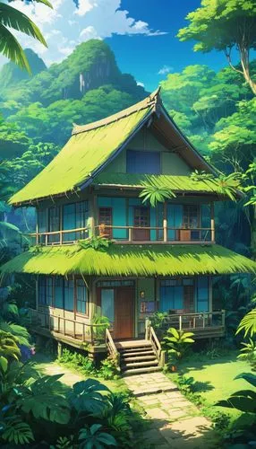 teahouse,studio ghibli,ghibli,forest house,house in the forest,tropical house,summer cottage,hoenn,wooden house,dreamhouse,teahouses,home landscape,ancient house,little house,ryokan,japanese background,kazoku,beautiful home,lonely house,dojo,Illustration,Japanese style,Japanese Style 03