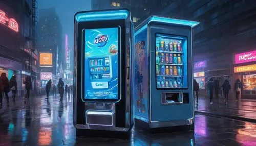 vending machine,soda machine,vending machines,pay phone,phone booth,cyberpunk,payphone,neon drinks,kiosk,interactive kiosk,futuristic,vending cart,coke machine,telephone booth,digital advertising,battery food truck,neon light drinks,cinema 4d,e-mobile,world digital painting,Illustration,Abstract Fantasy,Abstract Fantasy 23