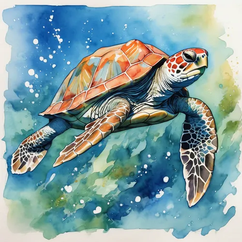 loggerhead sea turtle,loggerhead turtle,sea turtle,kemp's ridley sea turtle,hawksbill sea turtle,green sea turtle,olive ridley sea turtle,florida redbelly turtle,macrochelys,green turtle,terrapin,painted turtle,map turtle,turtle,water turtle,common map turtle,watercolor,watercolor painting,marine animal,land turtle,Illustration,Paper based,Paper Based 07