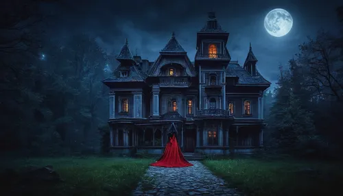 red riding hood,little red riding hood,witch house,witch's house,the haunted house,haunted house,ghost castle,fairy tale,haunted castle,man in red dress,red gown,red coat,fantasy picture,fairy tale castle,a fairy tale,red cape,fairy tales,fairytale,house silhouette,fairytales,Photography,Documentary Photography,Documentary Photography 25