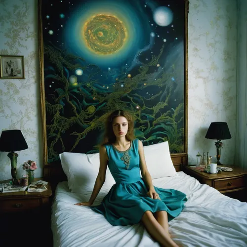 the girl in nightie,girl in bed,moon phase,celestial body,blue room,woman on bed,moonflower,mystical portrait of a girl,girl in a long,starry night,the little girl's room,moon addicted,night star,lunar phase,feist,celestial bodies,starflower,moonbeam,the zodiac sign pisces,horoscope pisces,Photography,Black and white photography,Black and White Photography 14