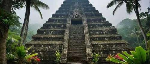 Mayan temple, ancient ruins, detailed stone carvings, intricate architecture, stepped pyramid structure, lush jungle surroundings, vines crawling up walls, misty atmosphere, golden hour lighting, warm