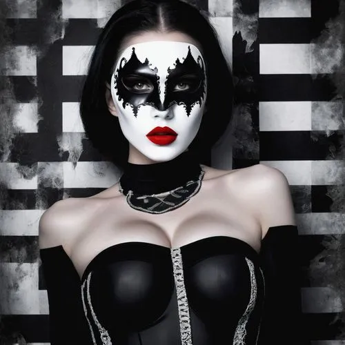 gothic portrait,derivable,domino,goth woman,gothic woman,mime,deathrock,gothika,villainess,pierrot,mistress,daffney,dita,vampira,pop art style,countess,pop art woman,tairrie,pop art girl,dark art,Illustration,Realistic Fantasy,Realistic Fantasy 46