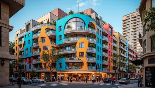 Vibrant eclectic buildings, bold irregular shapes, playful deconstructivist forms, bright primary colors, pastel hues, neon lights, iridescent materials, metallic finishes, reflective surfaces, ornate