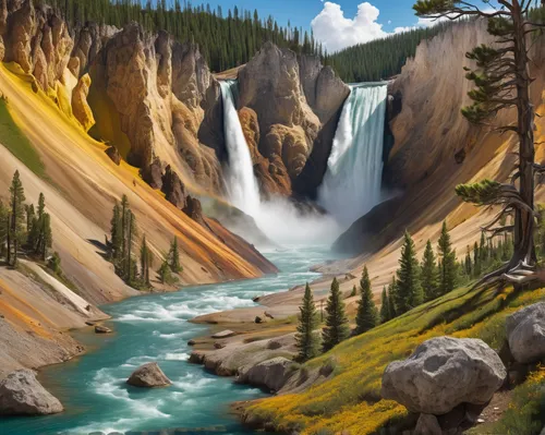 Imagine a futuristic Yellowstone National Park where technology has transformed the landscape.,yellowstone,falls of the cliff,bow falls,yellowstone national park,brown waterfall,salt meadow landscape,