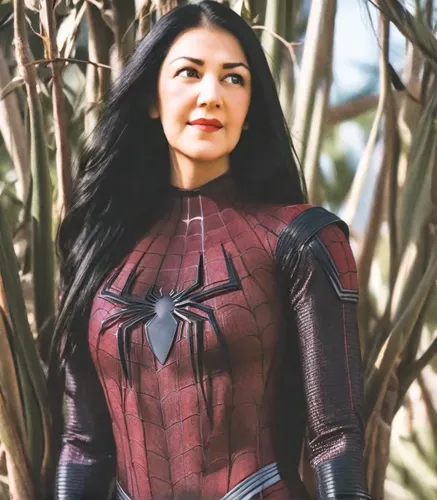 A woman with long black hair, dark brown eyes, and natural makeup,mulan,marvel of peru,the suit,mary jane,dark suit,marvel,super heroine,black suit,solar,clove,black widow,silk,marvels,vietnamese woma