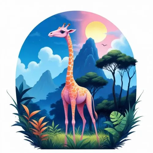 a tall, round figure stretches its long neck across the lush jungle, its long neck reaching out to pick up grass and leaves. The creature's powerful legs propel it forward, and its eyes twinkle with p