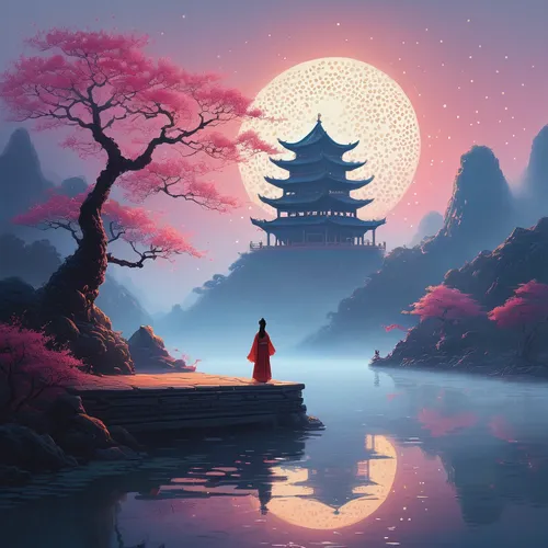 world digital painting,fantasy landscape,fantasy picture,japanese sakura background,landscape background,mulan,japan landscape,oriental,chinese art,sakura background,south korea,tranquility,mid-autumn festival,japanese background,zen,sacred lotus,landscape red,chinese background,moonlit night,han thom,Conceptual Art,Fantasy,Fantasy 32