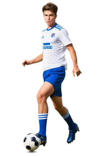 Futbol player, male, athletic build, short hair, serious facial expression, white jersey, blue shorts, shin guards, soccer ball at feet, dynamic pose, kicking action, stadium background, bright sunlig