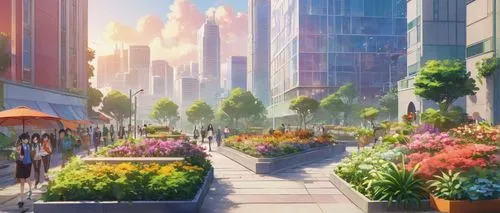 violet evergarden,bloomgarden,aquarion,shinbo,colorful city,sylvania,cloudstreet,spring garden,flower boxes,heavy object,ichigaya,bloomeries,akiba,flower garden,symphonia,flower box,ecotopia,idealizes,sky city,nouaimi,Illustration,Japanese style,Japanese Style 03