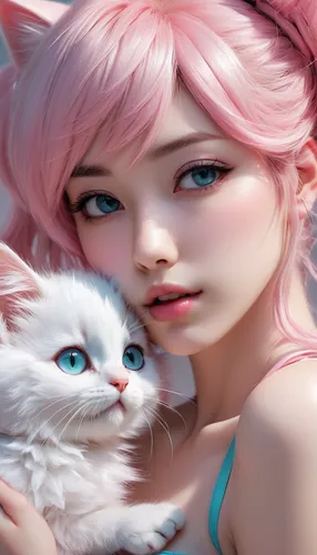 pink cat,doll cat,cat with blue eyes,anime 3d,turkish van,cute cat,white cat,heterochromia,blue eyes cat,cat lovers,ragdoll,cat kawaii,pink beauty,eglantine,3d fantasy,color pink white,fantasy picture,anime girl,kitty,feline,Conceptual Art,Fantasy,Fantasy 03