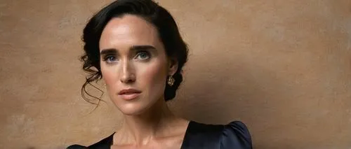 Jennifer Connelly, blue eyes, subtle eyeliner, light eyeshadow, thick lashes, gentle gaze, porcelain skin, subtle blush, golden hair, soft curls, elegant posture, standing, studio background, warm lig