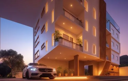 Make scene  cozy with good artificial lights,residencial,3d rendering,lodha,residential house,residential building,modern architecture,appartment building,multistorey,cubic house,modern house,apartmen