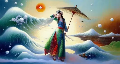 An amazing japanese young woman  with red lips and green eyes,an african american woman wearing an orange and gold make - up,vishwamitra,mahadev,abhidharma,ardhanarishvara,dakini,purnima,Illustration,