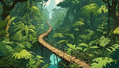 Create a jungle path surrounded by various trees and plants.  Add energetic and adventurous background music.
,rainforest,forest path,tree top path,hiking path,wooden bridge,canopy walkway,pathway,woo