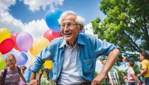 Old man, 60yo, wrinkles, white hair, glasses, gentle smile, relaxed posture, yellow shirt, blue jeans, brown belt, worn-out sneakers, Six Flags theme park, sunny day, blue sky, fluffy white clouds, lu