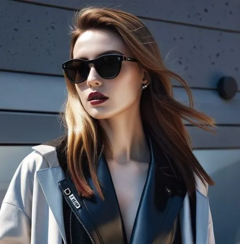 撞色，时尚属性,young woman with sunglasses standing outdoors in a leather jacket,luxottica,hadid,sunglasses,aviators,maxmara,sunglass,Photography,General,Realistic