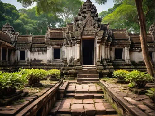 Angkor Wat-inspired architecture, grand entrance, intricate carvings, ornate decorations, Khmer-style roof, golden accents, white stone walls, lush greenery surroundings, tropical trees, vibrant flowe