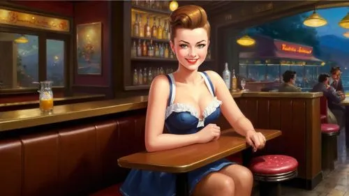 Romantic kitsch masterpiece oil painting, cute waitress girl portrait, sitting, 1950's style diner, nostalgic retro vintage scenery, by Thomas Kinkade, high res,retro pin up girl,woman at cafe,barmaid