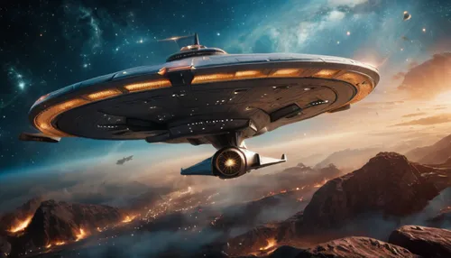 starship racing over the planet surface,a futuristic science ship is flying through the sky,uss voyager,enterprise,roddenberry,starfleet,honorverse,starbase