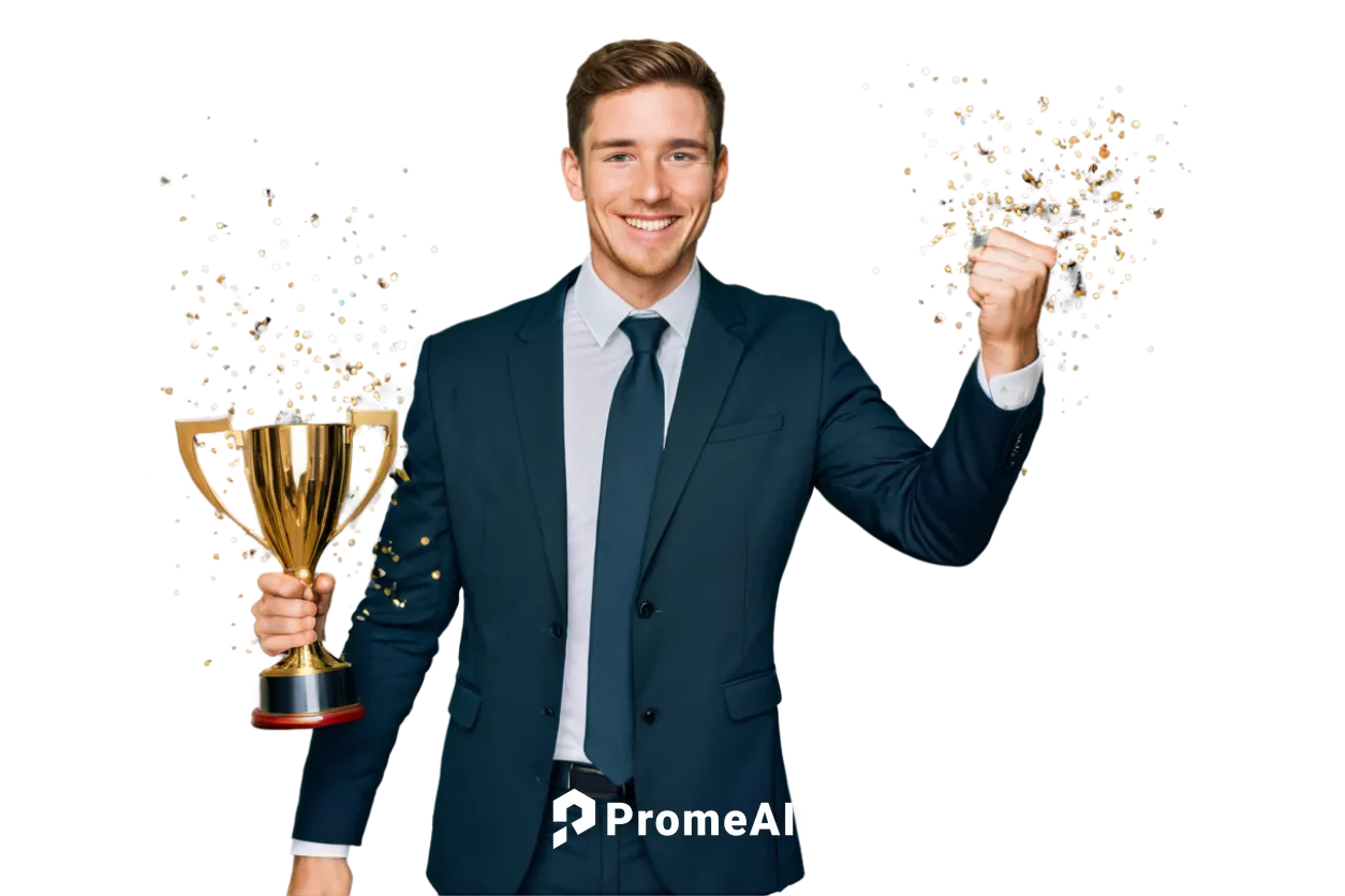 Trophy, golden medal, confetti, champagne bottle, celebratory atmosphere, successful businessman, smiling face, suited up, holding trophy, arms raised in victory, morning sunlight, soft focus, shallow