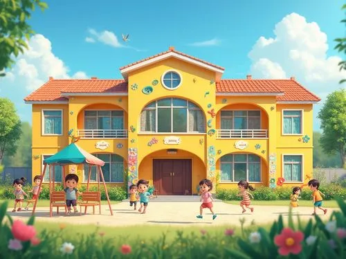 Colorful kindergarten building, regionalism style, bright yellow walls, rounded corners, large windows, flower-patterned curtains, playful roof design, outdoor playground, jungle gym, swings, slides, 