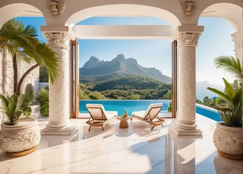 Modern luxurious villa, Mediterranean style, white marble walls, large windows, grand entrance with double doors, intricate stone carvings, lush greenery surrounding the property, palm trees, bright b