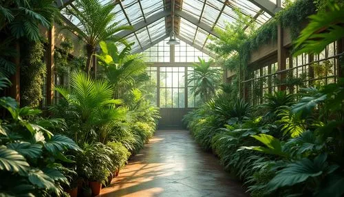 Lush greenhouse interior, abundant tropical plants, natural ventilation systems, solar-powered irrigation, reclaimed wood accents, living walls, green roofs, eco-friendly materials, energy-efficient g