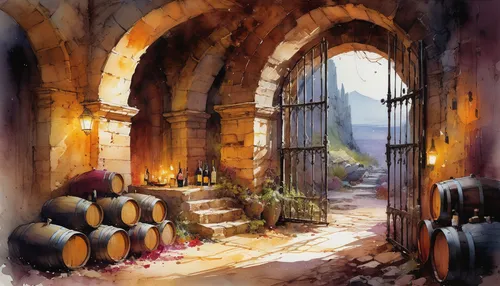 Wine cellar, ancient medieval underground dragons Lair, rock arches, cast iron gate, insanely detailed watercolor painting with rough paint strokes and textures, by Pino Daeni, Jeremy Mann, Carne_Grif