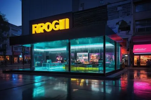 Futuristic retail store, branded architecture, sleek modern lines, neon LED lights, holographic displays, transparent glass walls, minimalist interior, metallic accents, polished concrete floors, cant