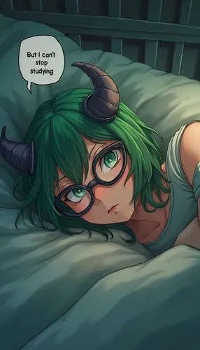 Draw in anime style 1 only: An extreme close up of a nerdy, glasses-wearing, horned, green-haired, evil druid girl, tucked into bed laying on her side. Her eyes are open. She looks alert. A large spee