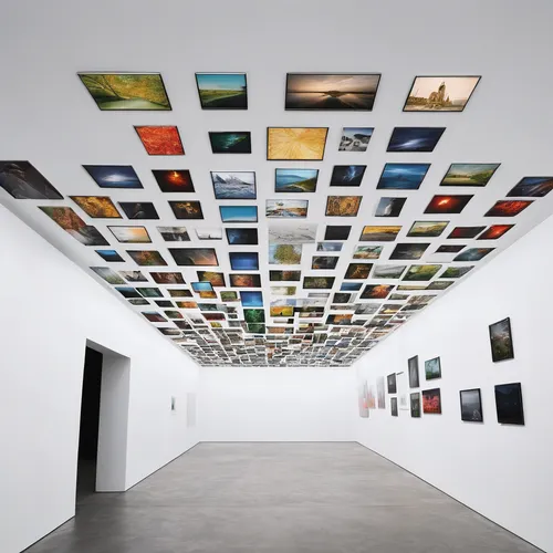 Picture a gallery filled with art on white bg.,the ceiling,gallery,art gallery,box ceiling,ceiling fixture,ceiling lighting,ceiling construction,ceiling light,concrete ceiling,ceiling,on the ceiling,s