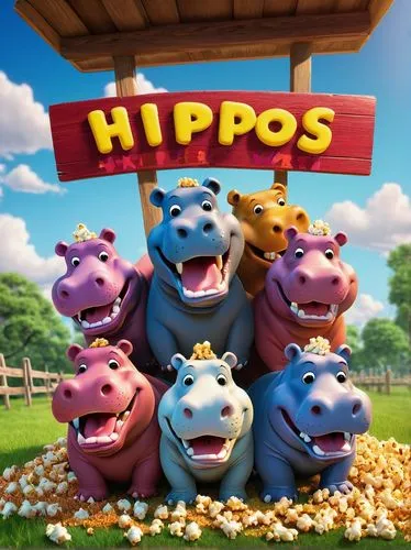 Hungry Hungry Hippos movie, cartoon style, colorful, vibrant, 3D animation, group of happy hippos, different facial expressions, shiny eyes, smiling mouths, playful poses, green grass, blue sky, sunny