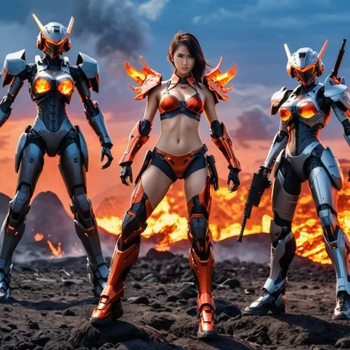 collage of fullbody view of bikini  mecha warrior girls in bikini suit with gun anime style,three women in futuristic garishia costumes,valkyries,combusts,tsuburaya,tokusatsu,shf,jaegers