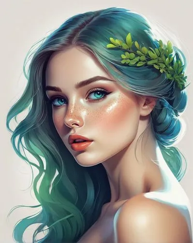 mermaid vectors,fantasy portrait,flora,mint blossom,dryad,green mermaid scale,mermaid background,gardenia,digital painting,elven flower,spring crown,flower crown,poison ivy,fae,girl portrait,faery,faerie,jasmine blossom,summer crown,digital art,Illustration,Realistic Fantasy,Realistic Fantasy 15