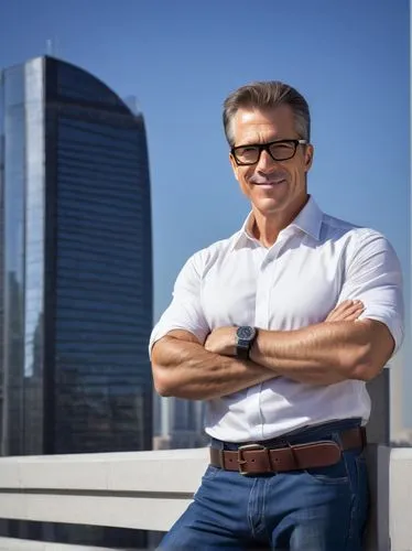 Middle-aged, muscular man, architect, standing, crossed arms, confident smile, black-framed glasses, short brown hair, stubble, white shirt, rolled-up sleeves, dark blue jeans, brown leather belt, bla