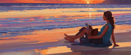 summer evening,coast sunset,beach scenery,dream beach,seaside,sunset beach,girl on the dune,sunset glow,sun and sea,sunset,sea-shore,on the shore,beach landscape,beach background,study,setting sun,sundown,eventide,sunrise beach,seashore,Conceptual Art,Fantasy,Fantasy 18