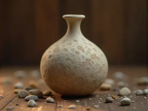 Unique decorative vase, sand-casted material, organic texture, earthy tone, rough surface, natural imperfections, studio photography, warm lighting, shallow depth of field, rustic wooden background, s