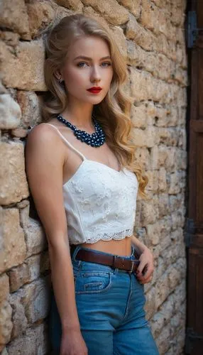 La Magra, thin woman, solo, (25yo), slender figure, petite, elegant, long blonde hair, subtle makeup, red lips, white crop top, high-waisted blue jeans, brown belt, black heels, pearl necklace, leanin