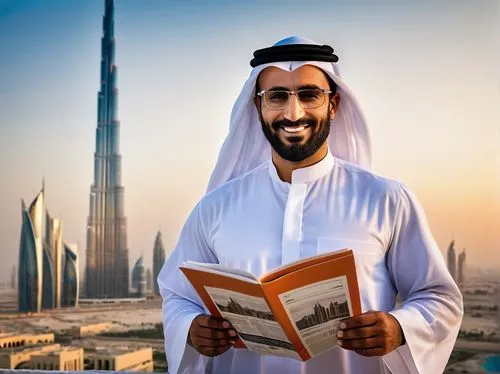 Middle Eastern male architect, 35yo, confident smile, black beard, glasses, white dishdasha, traditional Arabic attire, standing confidently, holding blueprints, gesturing passionately, modern skyscra