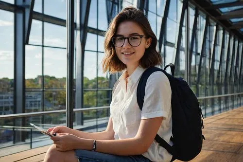 Harvard GSD student, architecture concentrator, solo, (22yo), black framed glasses, short brown hair, casual makeup, white shirt, dark blue jeans, sneakers, backpack, sitting, Harvard University Gradu