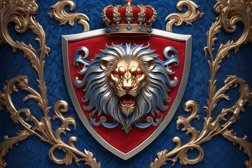 Heraldic coat of arms, medieval-inspired, golden shield, blue and red stripes, silver eagle emblem, intricately designed crest, ornate frame, luxurious velvet fabric, majestic lion supporters, regal c