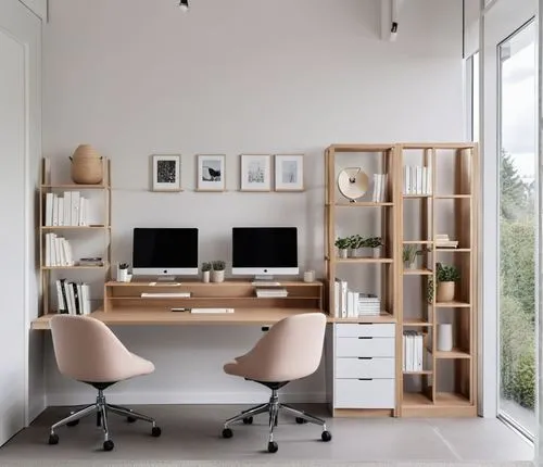 two computer desks with a monitor, keyboard and computer monitor,modern office,office desk,desk,working space,wooden desk,blur office background,Photography,General,Realistic