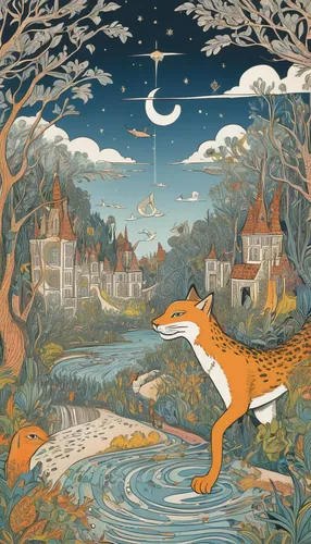 A lighthearted gay cartoon set in a whimsical fantasy world.,fox and hare,kate greenaway,garden-fox tail,foxes,rabbits and hares,hares,fox hunting,tapestry,hare trail,a fox,fox,children's fairy tale,w