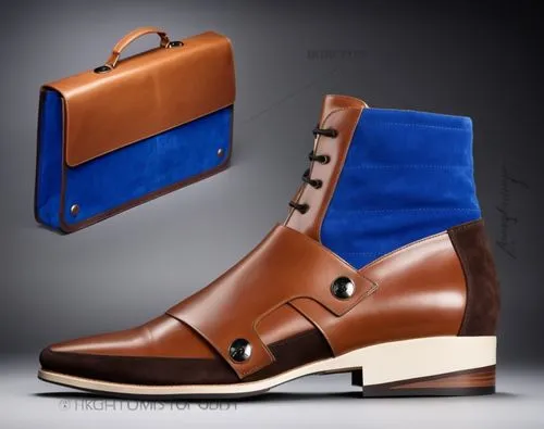 Tan leather upper, blue suede ankle, dark brown suede trim on back and bottom, white sole, black buttons matching briefcase ,Men's leather and suede monk strap boot with matching briefcase.,calfskin,h