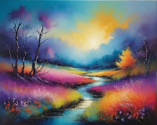 purple landscape,brook landscape,river landscape,meadow in pastel,oil painting on canvas,art painting,nature landscape,coomber,dubbeldam,flowing creek,forest landscape,autumn landscape,landscape nature,meadow landscape,landscape background,violet colour,river bank,streams,oil painting,watercourse,Illustration,Paper based,Paper Based 15