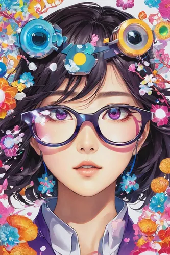 fuki,colorful floral,spectacles,color glasses,illustrator,noodle image,floral background,sakura florals,portrait background,rosa ' amber cover,kids glasses,hinata,eye glasses,floral japanese,with glasses,flower painting,eye glass accessory,myopia,floral,anime 3d,Illustration,Japanese style,Japanese Style 04