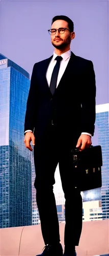 Formal businessman, standing, (35yo), short black hair, glasses, beard, white dress shirt, black tie, black suit, leather briefcase, confident smile, city skyscraper background, low-angle shot, dramat